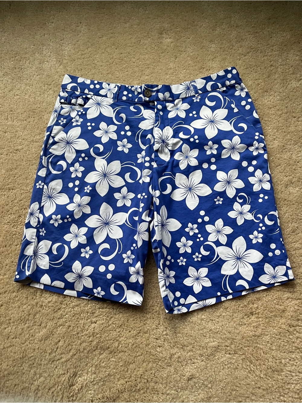 Royal & Awesome Men's Blue & White Hawaiian Floral Golf Shorts - Size 38 - EUC
